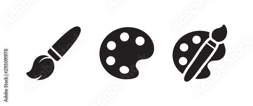 Three black showing an artist paint brush, a blank color palette, and a paint brush resting on a color palette on a white background
