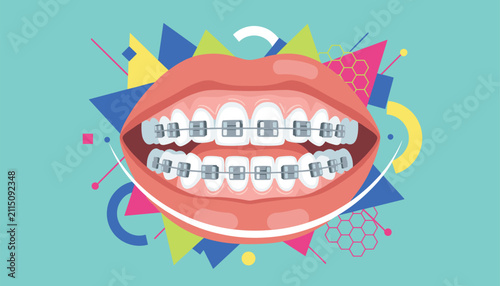 Mouth showing teeth with metal braces on abstract geometric colorful shapes background dental care illustration.