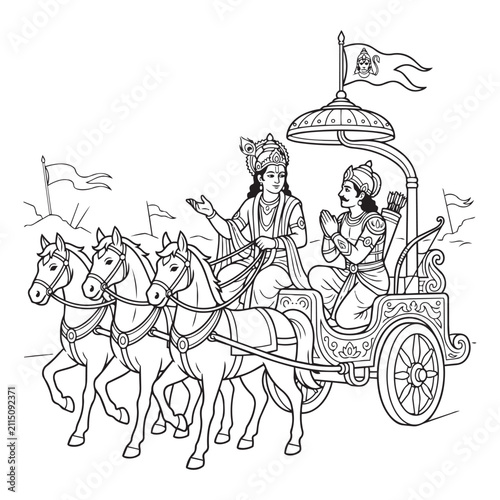 Lord krishna and arjuna on horse drawn chariot in mahabharata vector illustration.