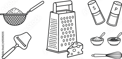 Obraz na płótnie Kitchen cooking utensils outline icon set featuring box grater cheese plane stra