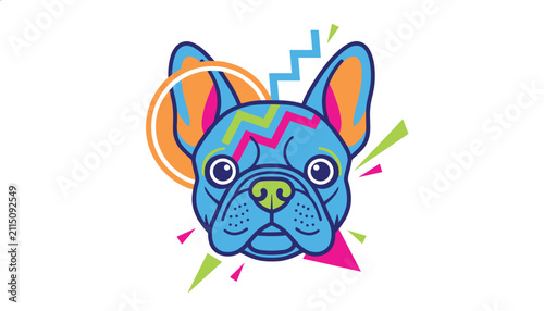 Stylized blue french bulldog face surrounded by colorful geometric shapes on a white background illustration.