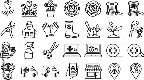 Fotografie Florist and gardening line art icon set featuring flowers tools delivery vans bo