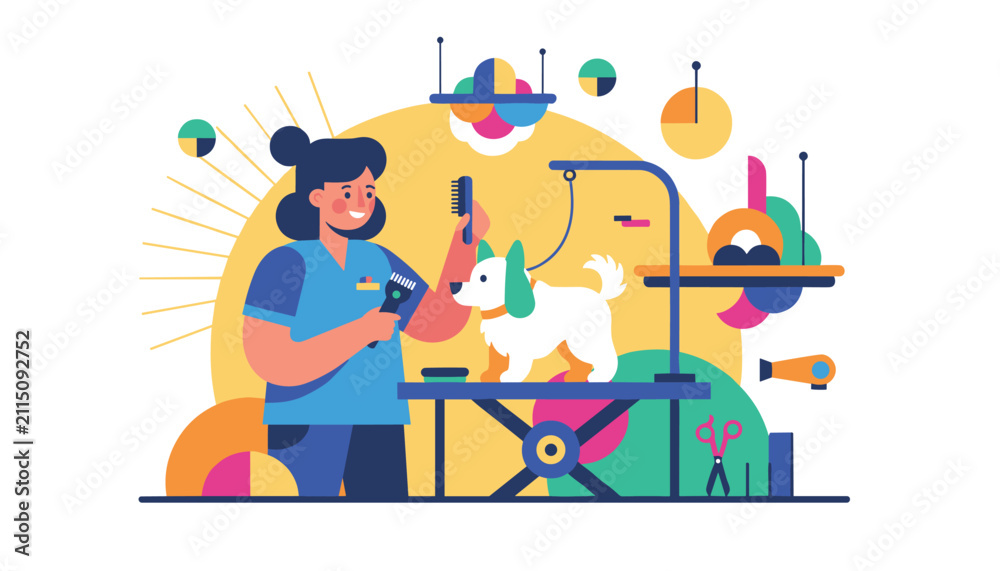 Obraz premium Professional pet groomer clipping and brushing a small white dog in a colorful creative vet clinic studio.