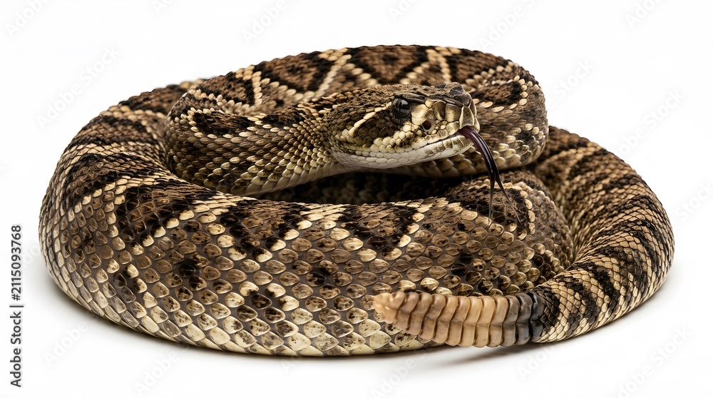 Obraz premium A coiled rattlesnake flicking its tongue on a white background