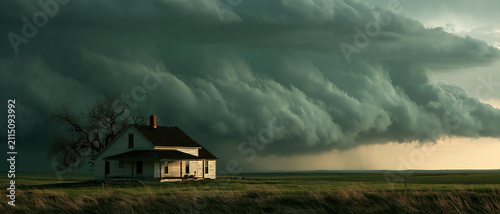 Ominous storm clouds over rural farmhouse landscape with dark sky, trees, fields and atmospheric twilight