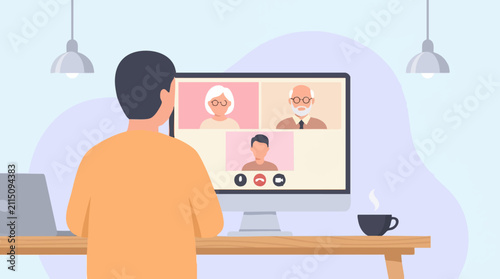Foto Man video calling with family on computer screen from home office