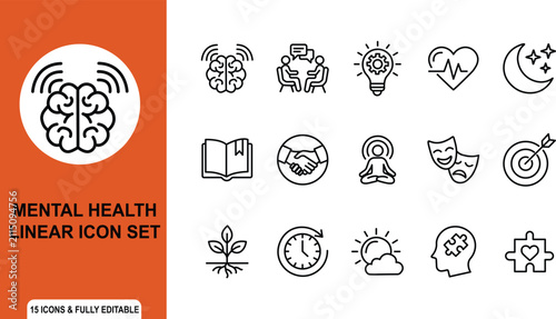 Mental health linear icon set linear style icons for  representations such as a brain, therapy session, idea bulb, heart, sleep moon, open book, handshake, meditation, drama masks