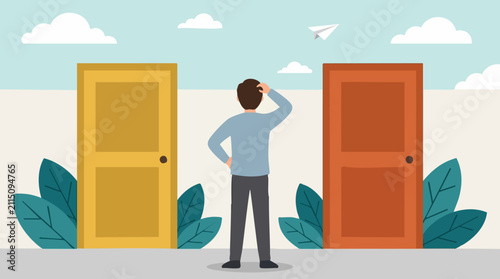 Foto Confused man standing before two doors, contemplating a difficult choice