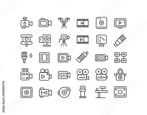 A collection of vector icons representing video production and film equipment
