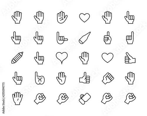 A collection of simple vector icons featuring various hand gestures and symbols