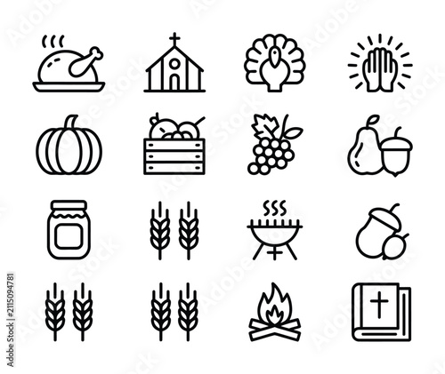 A collection of vector icons themed around Thanksgiving and fall harvest celebration displayed