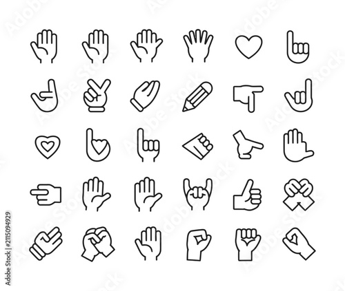 A collection of vector hand gestures and signs displayed in a clean and minimalist style