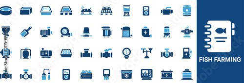 Fish Farming Equipment Icons Set, Aquaculture System Tools, Water Treatment Equipment, Fish Hatchery Technology, Aquatic Farm Management, Seafood Production Collection, Agriculture Vector Icons