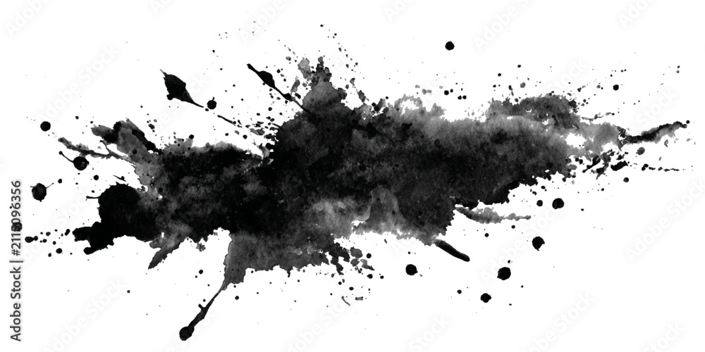 Obraz premium Abstract grunge black ink paint splatter background with rough brush stroke texture. artistic splashes dark vintage border background design.