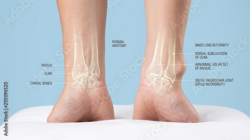Wrist anatomy shows a side-by-side comparison of normal skeletal structure and a distal radius deformity with bony displacement labeled against a solid blue background for medical educational.