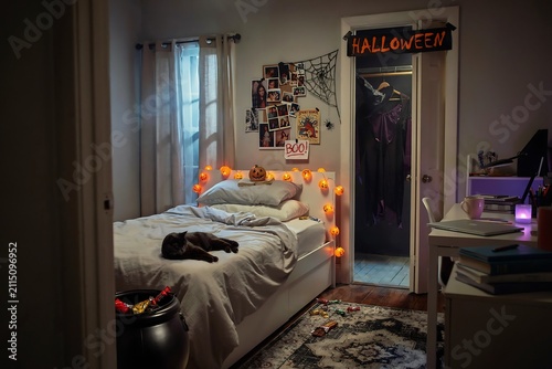 Cozy Halloween bedroom decor with pumpkin pillows high resolution picture