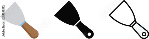 Putty knife icon set vector spatula scraper tool flat silhouette outline illustration for construction repair renovation wall plastering