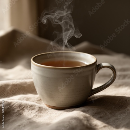 Steaming tea cup on soft fabric in warm light