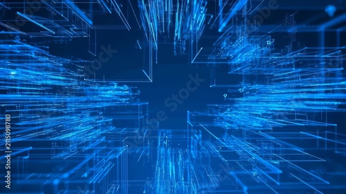 Digital data flow in cyberspace. Abstract blue technology background with moving light lines.