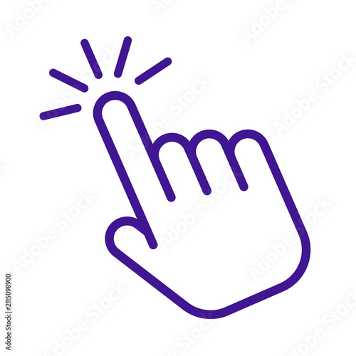 Abstract purple hand cursor icon indicating a click action with radiating lines for emphasis transparent background
