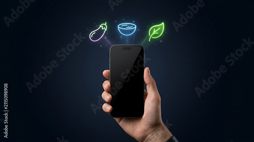 Hand holding smartphone with food icons. Mobile app for healthy nutrition and diet tracking.