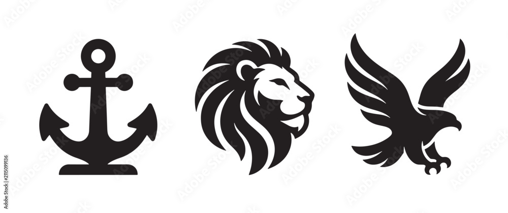 Fototapeta premium Set of three black including a nautical ship anchor, a roaring lion head, and a flying eagle with spread wings, isolated on a white background