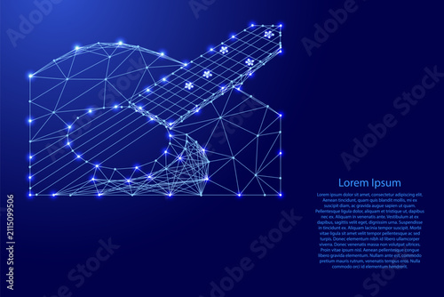 part of an acoustic guitar from futuristic polygonal blue lines and glowing stars for banner, poster, greeting card