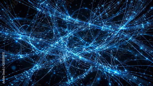Intricate web of blue light trails suggesting a neural interface or fiber optic cables. Abstract visualization of artificial intelligence and data transmission