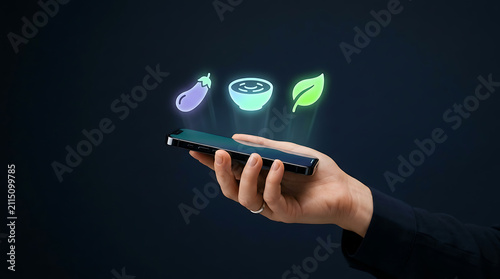 Hand holding smartphone with food icons. Digital interface showing healthy nutrition app.