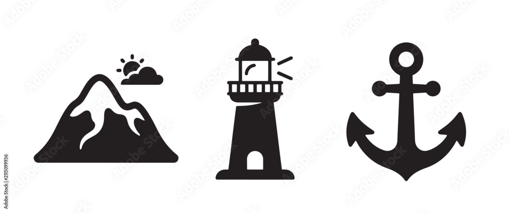 Fototapeta premium Three black depicting a mountain peak with sun, a lighthouse with light beams, and a nautical anchor on a white background, for navigation