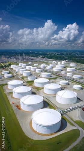 Vast energy networks: birds-eye view of petroleum and petrochemical storage. Sophisticated pose. Dynamic and detailed terminal with lush arrays of petrochemical and fuel storage.