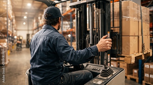 Male worker driving forklift in large industrial warehouse moving stacked cardboard boxes on pallet for logistics and distribution.