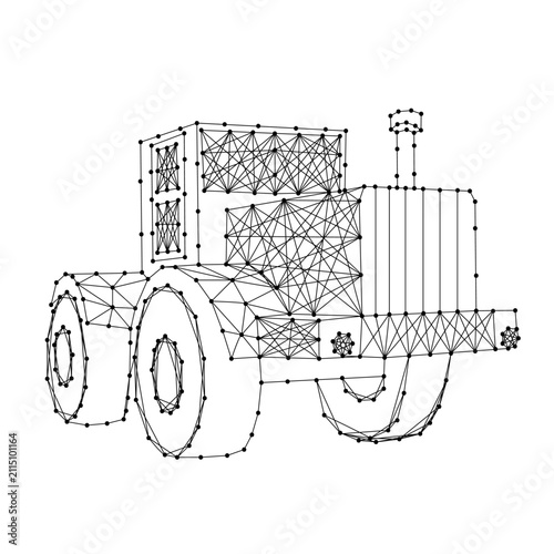 wheeled tractor from abstract futuristic polygonal black lines and dots