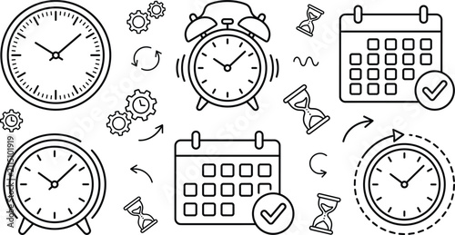 Time management business outline icon set featuring classic clocks alarm ring calendars hourglass elements gears and productivity symbols