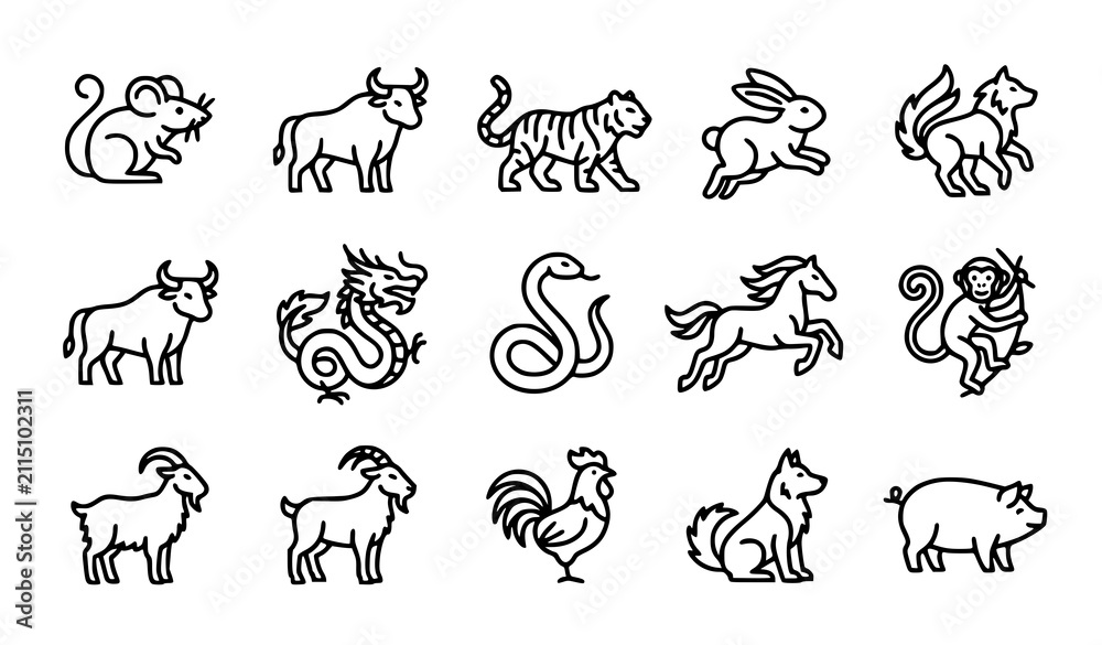 Fototapeta premium 17. Farm and Domestic Animals Outline Icon Collection Isolated on White Background Vector Illustration Set