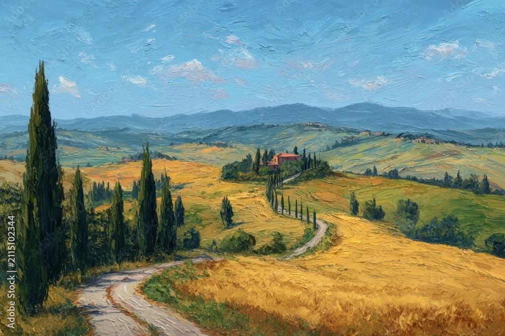 Fototapeta premium Scenic Tuscan landscape with winding path and cypress trees.