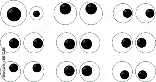 Bild auf Leinwand Googly eyes plastic toy vector icon set featuring funny character plastic eyeballs, silly cartoon expressions, crazy cross-eyed shapes, and looking direction craft decoration elements