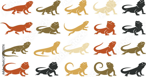 Artistic collection of flat vector bearded dragon lizard silhouettes in various colors and stylized postures