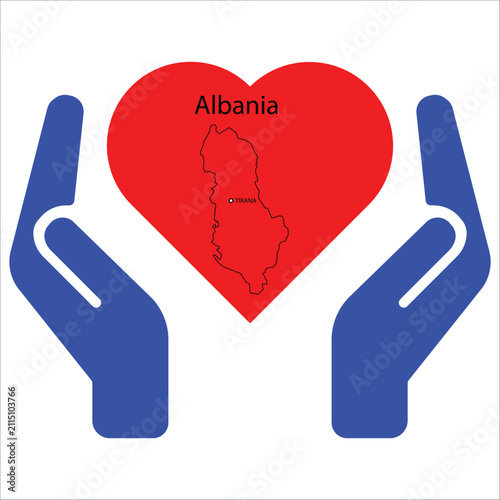 Conceptual illustration of hands safeguarding Albanian map, national security and solidarity