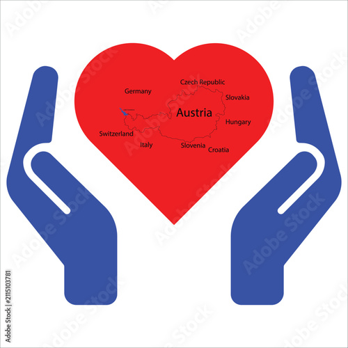 Human hands protecting Austria map in a heart shape, love and care for homeland