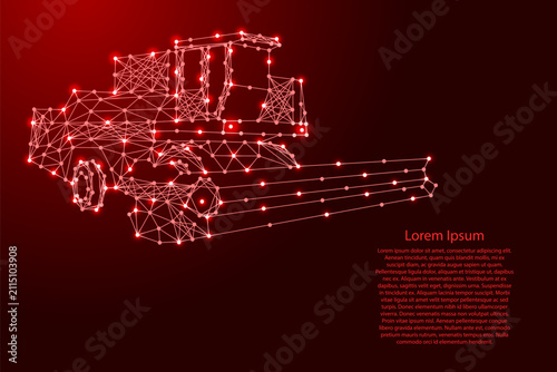 combine harvester from futuristic polygonal red lines and glowing stars for banner, poster, greeting card