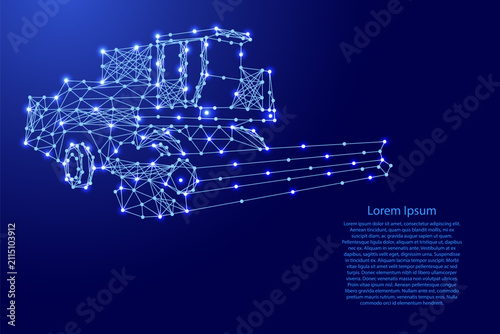 combine harvester from futuristic polygonal blue lines and glowing stars for banner, poster, greeting card