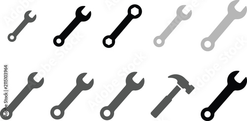 Wrench spanner icon set vector hammer construction tool repair mechanic service hardware workshop equipment maintenance garage manual engineering