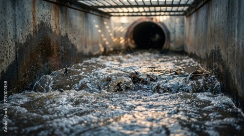 A view inside a concrete storm drain showing dirty, turbulent water carrying debris and trash, highlighting urban environmental pollution and infrastructure issues.