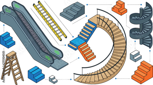 Stairs and ladders collection featuring isometric escalator spiral staircase wooden step ladder extension ladder and colorful concrete steps vector set illustration