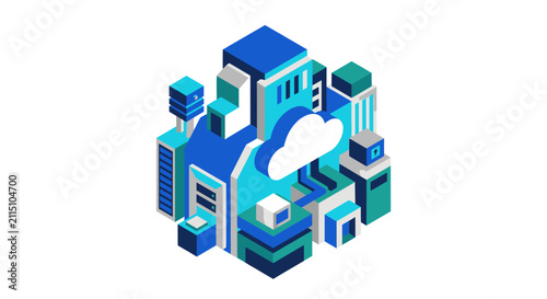 Isometric Cloud Computing Data Center Illustration.