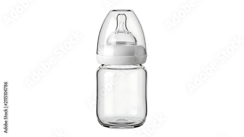 Clear glass baby bottle with white cap and silicone nipple for feeding newborn infants at home
