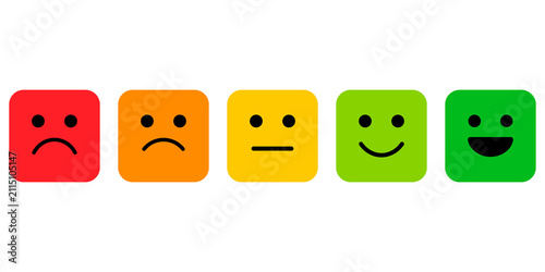 Customer satisfaction emoji icons, review feedback scale, colorful service evaluation faces, opinion rating symbols