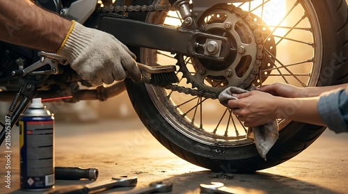 Mechanic cleaning motorcycle chain in sunlit garage.