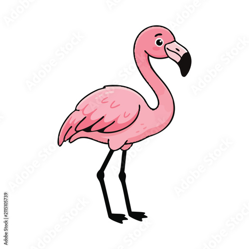 A colorful hand drawn illustration of a cute pink flamingo standing on a white background